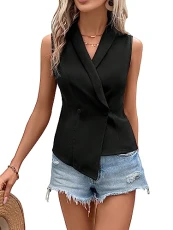 Women's Double Breasted Lapel Sleeveless Vest Summer Office Blazer Jacket Waistcoat Black S