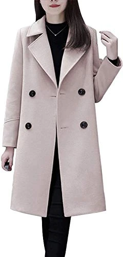 Women's Double Breasted Mid-Long Wool Blend Pea Coat (UK 8, Beige)