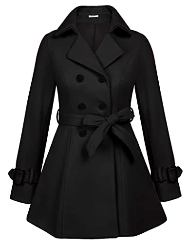 Women's Double Breasted Pea Coat Winter Mid-Long Fashion Trench Coat with Belt, Black, XXL