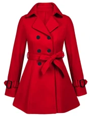 Women's Double Breasted Pea Coat Winter Mid-Long Fashion Trench Coat with Belt, Red, XL