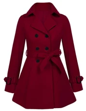 Women's Double Breasted Pea Coat Winter Mid-Long Fashion Trench Coat with Belt, Wine Red, Medium