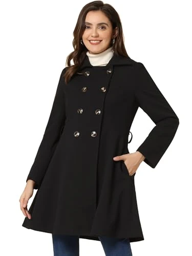 Women's Double Breasted Turn Down Collar Swing Winter Belted Coat Black XL