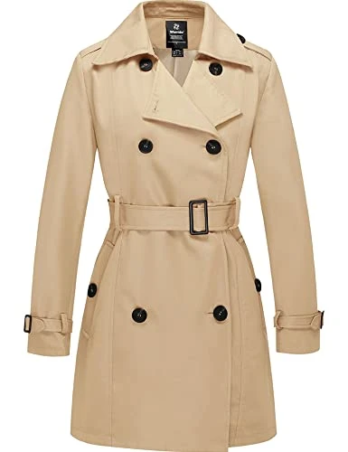 Women's Double-Breasted Waterproof Trench Coat Windproof Lightweight Outerwear Coats Belted Shoulder