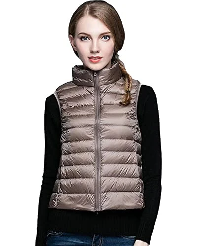 Women's Down Gilet Coat Vest Ultra Light Weight Packable Puffer Jacket Khaki M