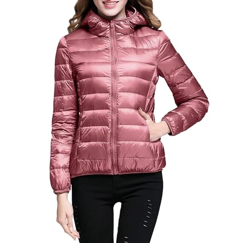 Women's Down Jacket 100 g Lightweight Screwed Quilted with Hood Warm Down Jacket Foldable Curvy Coat and Pockets Slim Down Jacket Women's Clothing Short Padded Jackets, orange, L
