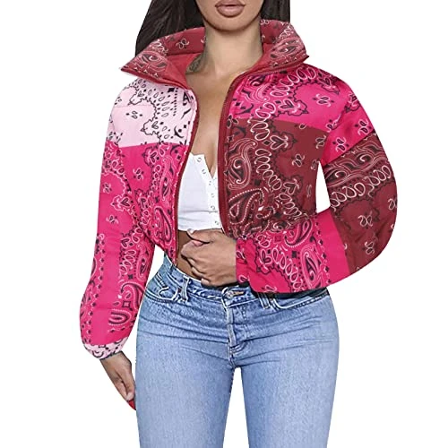 Women's Down Jacket Short Stand-Up Collar Printed Bread Clothing Cotton Lined Clothing Women's Winter Jacket Women's Down Coat with Stand-Up Collar Down Jacket Women's Winter Warm, red, M