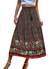 Women's Drawstring High Waist Boho Midi Skirt Casual Floral Skirts Black M Women's Drawstring High Waist Boho Midi Skirt Casual Floral Skirts Black M