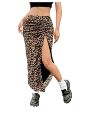 Women's Drawstring Ruched Split Thigh Skirt Tie Side Sexy Bodycon Midi Skirt Brown XS Women's Drawstring Ruched Split Thigh Skirt Tie Side Sexy Bodycon Midi Skirt Brown XS