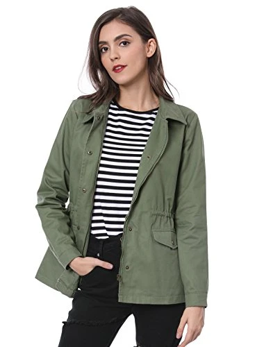 Women's Drawstring Waist Flap Pockets Lightweight Utility Jacket Green M