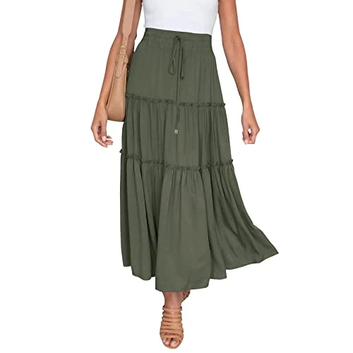 Women’S Dress Boho Skirt High Waist Drawstring Swing Dress Solid Colour Patchwork Ruffle Skirts Flowy Loose Long Skirt Plain Maxi Skirt Ruffle A Line Swing Long Skirts Summer Beach Skirt Army Green
