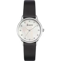 Women's Dress Diamond Black Leather and Mother of Pearl Watch - Silver