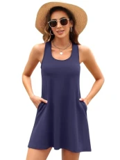 Womens Dresses Casual Fall Cotton Tank Dress with Built in Bras Pockets Loose Sleeveless Racerback Navy XL - Navy/With Pockets