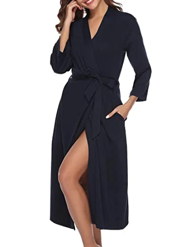 Womens Dressing Gown Cotton Kimono Robe Knit Ladies V-Neck Bathrobe Nightwear for All Seasons XXL Navy Blue