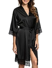 Womens Dressing Gown Satin Kimono Robe Lace Trim Bathrobe Nightgown Sexy Nightdress Nightwear Bridesmaid Robes, black, Size L Womens Dressing Gown Satin Kimono Robe Lace Trim Bathrobe Nightgown Sexy Nightdress Nightwear Bridesmaid Robes, black, Size L