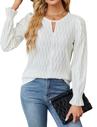 Womens Dressy Casual Blouses Long Puff Sleeve Textured Business Fall Tops 2024 Ladies Trendy Work Sh