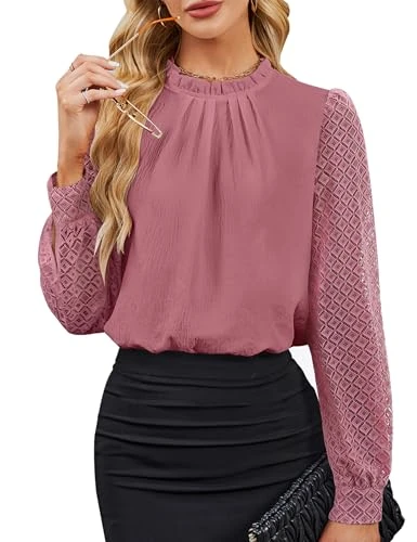 Womens Dressy Casual Blouses Ruffled Mock Neck Lace Long Sleeve Tops Business Casual Pleated Outfits