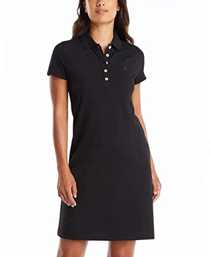 Women's Easy Classic Short Sleeve Stretch Cotton Polo Casual Dress, True Black, L UK