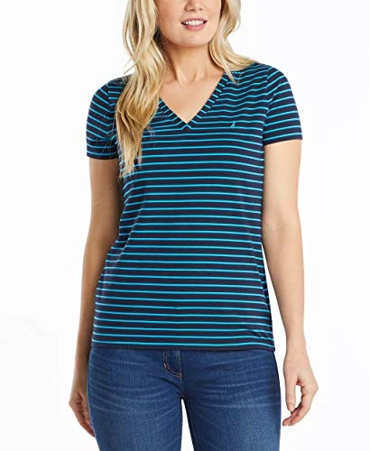 Women's Easy Comfort V-Neck Striped Supersoft Stretch Cotton T-Shirt, Bright Blue Jig, L