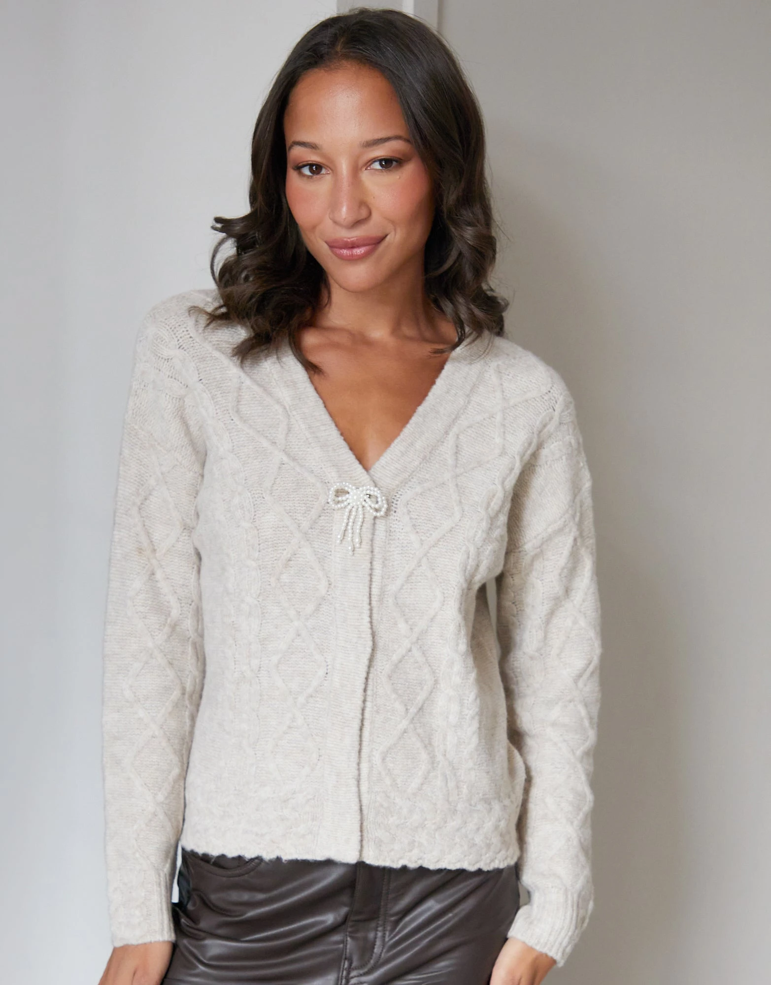 Women's Ecru Bow Detail Cable Knit Cardigan