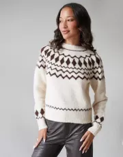 Women's Ecru Fairisle Crew Neck Chunky Knit Jumper