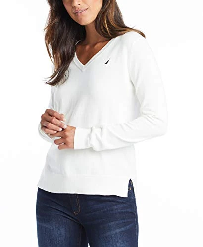 Women's Effortless J-Class Long Sleeve 100% Cotton V-Neck Sweater, Marshmallow, XL