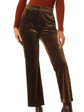 Women's Elastic High Waist with Pockets Casual Work Wide Leg Velvet Pants Brown XS Women's Elastic High Waist with Pockets Casual Work Wide Leg Velvet Pants Brown XS