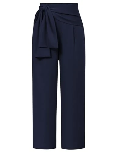 Womens Elastic Waist Business Work Pants Straight Ankle Casual Length Leg Trousers Dark Blue S