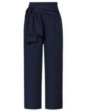 Womens Elastic Waist Business Work Pants Straight Ankle Casual Length Leg Trousers Dark Blue S