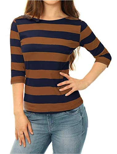 Women's Elbow Sleeves Top Casual Boat Neck Slim Fit Stripe T-Shirt Brown Navy 12