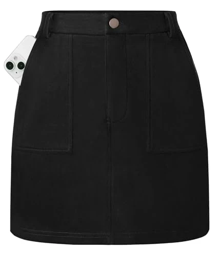 Women's Elegant A ine Suede Midi Skirt with Pockets Elastic Waist Black L