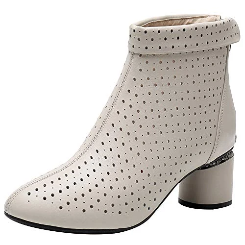 Women's Elegant Block Heel Ankle Boots Breathable Hollowed-out Summer Booties Pumps Beige SN02542 UK