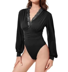 Womens Elegant Bodysuit Long Sleeve Top V-Neck Lace-Trimmed Puff-Sleeve Body Shaper Plus Size Womens Elegant Bodysuit Long Sleeve Top V-Neck Lace-Trimmed Puff-Sleeve Body Shaper Plus Size