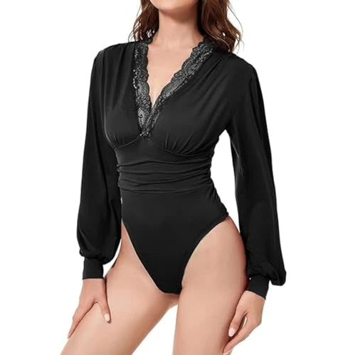 Womens Elegant Bodysuit Long Sleeve Top V-Neck Lace-Trimmed Puff-Sleeve Body Shaper Plus Size