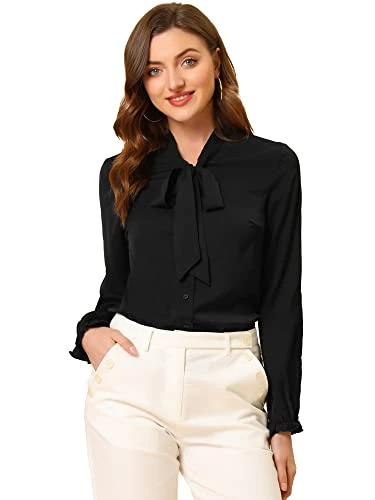 Women's Elegant Bow Tie Neck Blouse Ruffle Long Sleeve Work Chiffon Shirt Top Black S-8