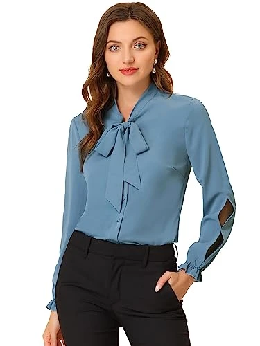 Women's Elegant Bow Tie Neck Blouse Ruffle Long Sleeve Work Chiffon Shirt Top Grey Blue S-8