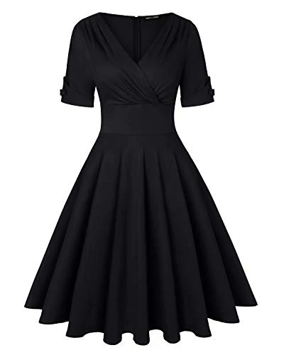 Women's Elegant Casual Half Sleeve Wrap Dress Retro V-Neck A Line Work Swing Dresses (Black,Size XXL)