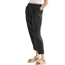 Women's Elegant Casual Trousers, High Waist, Plain Simple Trousers, Long Trousers, Nine Minutes Trousers, Beach Pockets Trousers, black, L