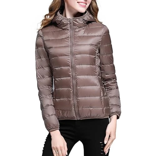 Women's Elegant Down Jacket, 100 g, Women's Winter Coat Mid Season with Zip, Slim Windproof Coat, Removable Jackets and Pockets, Ultralight Heavy Winter Jacket, Women's Warm Quilted Jacket, Khaki, M