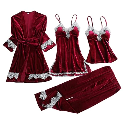 Womens Elegant Embroidery 4PCS Velvet Pyjama Set Robe + Dress + Pants Winter Thermal Sleepwear Set Burgundy SN079127 S
