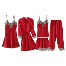 Womens Elegant Embroidery 5PCS Matte Satin Pyjama Set Robe + Dress + Pants Sleepwear Set with Bra Pads Red SN079125 XL