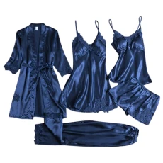 Womens Elegant Embroidery Lace 5PCS Satin Pyjama Set Robe + Dress + Pants Sleepwear Set with Bra Pads Navy SN079126 M