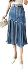 Women's Elegant High Waist Stripes Pleated A-Line Swing Midi Denim Jean Skirt (18, Blue)