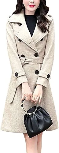 Women's Elegant Lapel Double Breasted Long Wool Blend Pea Coat Outerwear with Belt