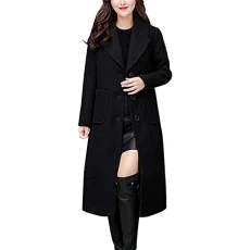 Women's Elegant Notch Collar Coat Double Breasted Wool Blend Coat Trench Coat for Women Wool Jacket Women Mid-Length Coat Warm Coat Jackets, Black, 3XL