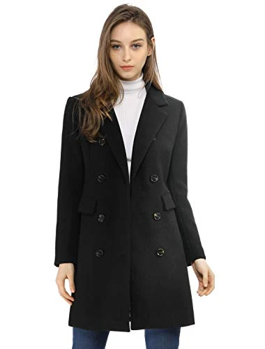 Women's Elegant Notched Lapel Double Breasted Long Trench Coat Blacks M-12