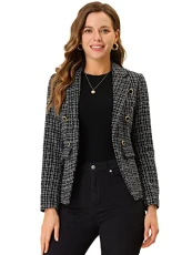 Women's Elegant Plaid Long Sleeve Lapel Open Front Tweed Blazer Jacket Coat Black L-16