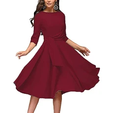 Women's Elegant Ruched Swing Dress Round Neck 3/4 Sleeve Midi A-line Dresses Wedding Guest Date Nights Dinner Dress Wine Women's Elegant Ruched Swing Dress Round Neck 3/4 Sleeve Midi A-line Dresses Wedding Guest Date Nights Dinner Dress Wine