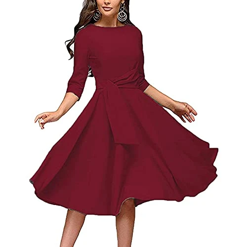 Women's Elegant Ruched Swing Dress Round Neck 3/4 Sleeve Midi A-line Dresses Wedding Guest Date Nights Dinner Dress Wine