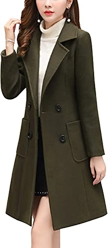 Women's Elegant Solid Color Mid-Length Coat Notched Collar Double Breasted Wool Blend Outwear Winter