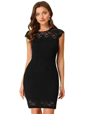 Women's Elegant Stretch Knit Cap Sleeve Work Floral Lace Bodycon Dress Black L-16